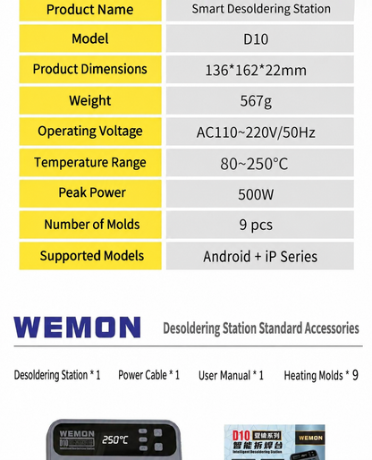 WEMON D10 Smart Desoldering Station 9 Molds iPhone X‑17PM