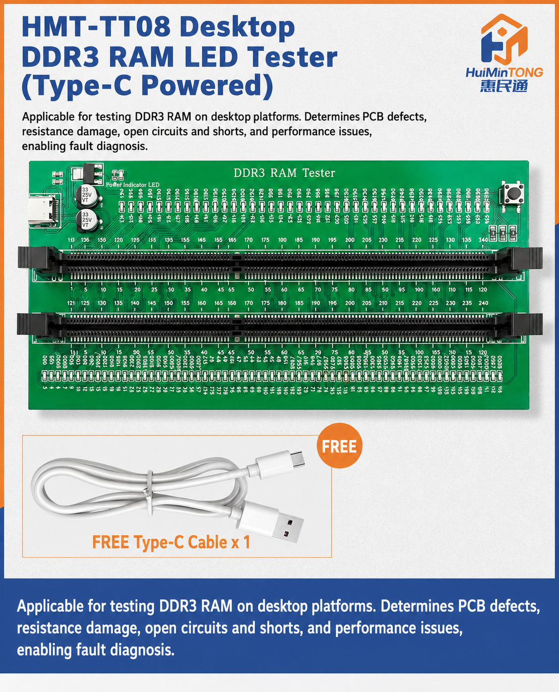 HMT-TT08 Desktop DDR3 Memory Module Tester with LED Indicators (Type-C Powered)