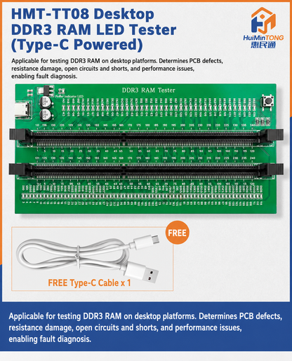 HMT-TT08 Desktop DDR3 Memory Module Tester with LED Indicators (Type-C Powered)