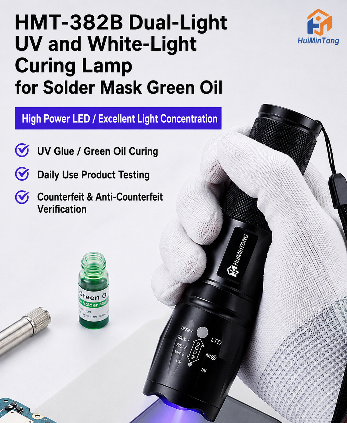 HMT-382B Dual-Wavelength (Purple/White) UV Curing Lamp for Green Solder Mask