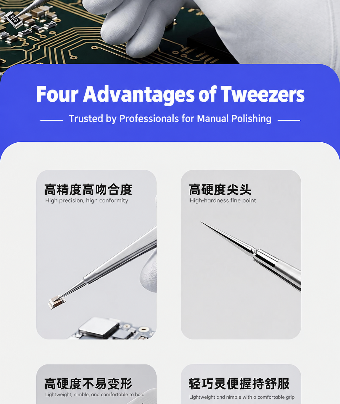 HMT-055S & 055B HuiMinTong Hand Polished Tweezers for Electronics Repair