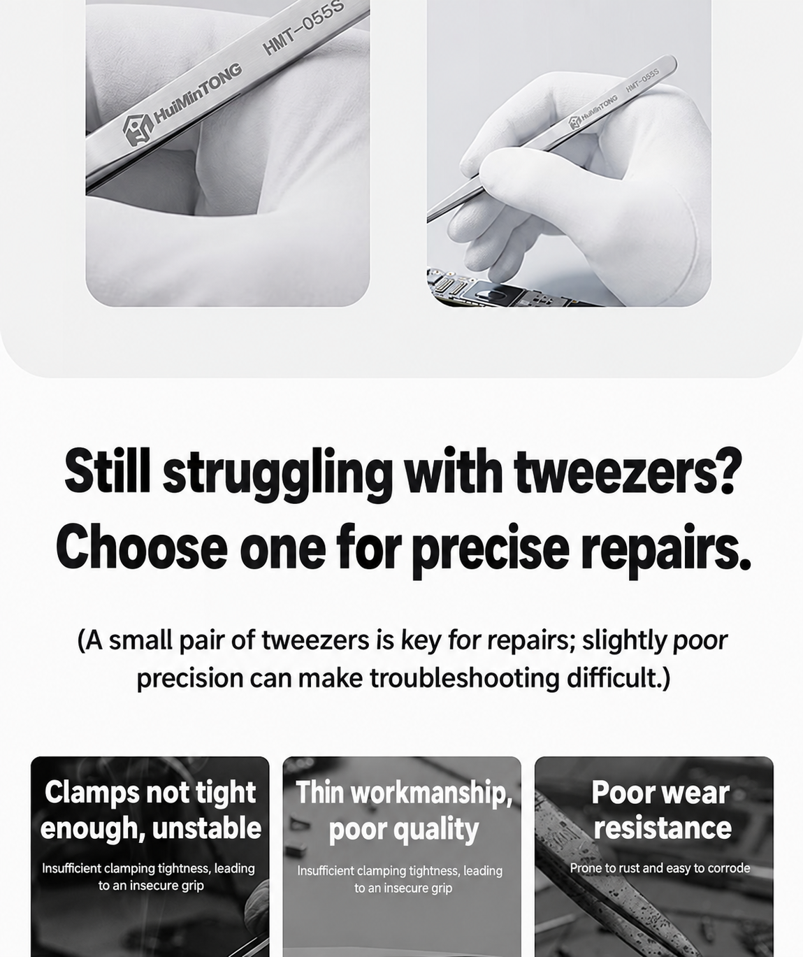 HMT-055S & 055B HuiMinTong Hand Polished Tweezers for Electronics Repair
