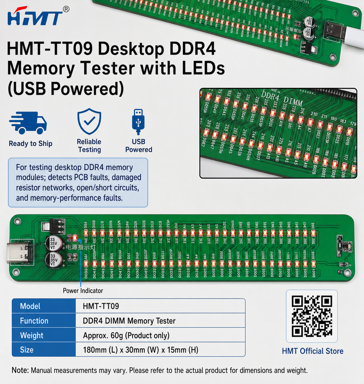 HMT-TT09 Desktop DDR4 Memory Module Tester with LED Indicators (USB Powered)