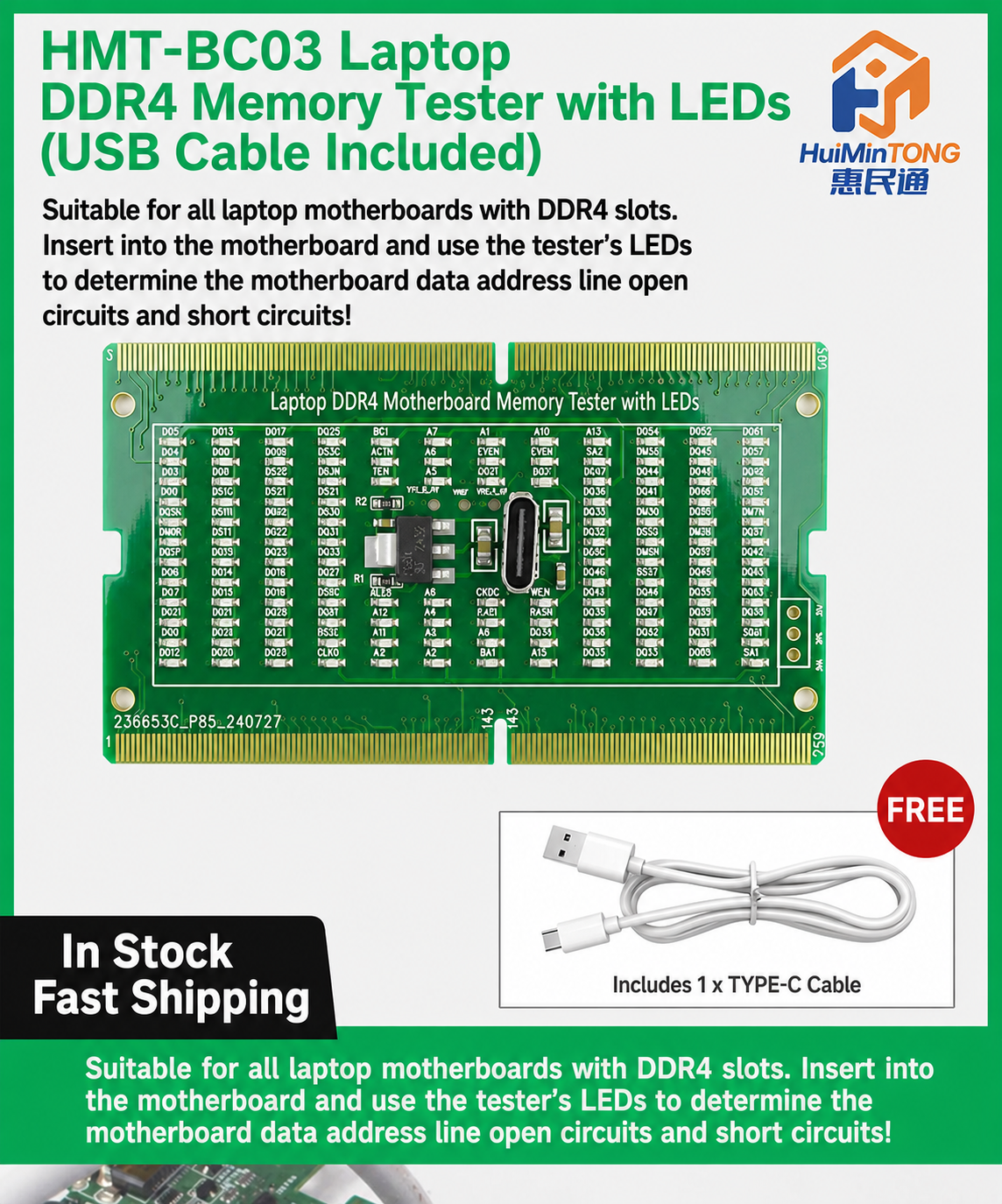 HMT-BC03 Laptop DDR4 Memory Tester with LED Indicators (USB Cable Included)