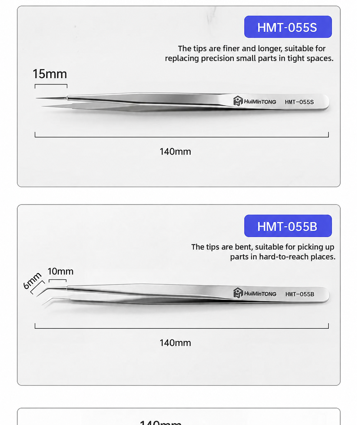 HMT-055S & 055B HuiMinTong Hand Polished Tweezers for Electronics Repair