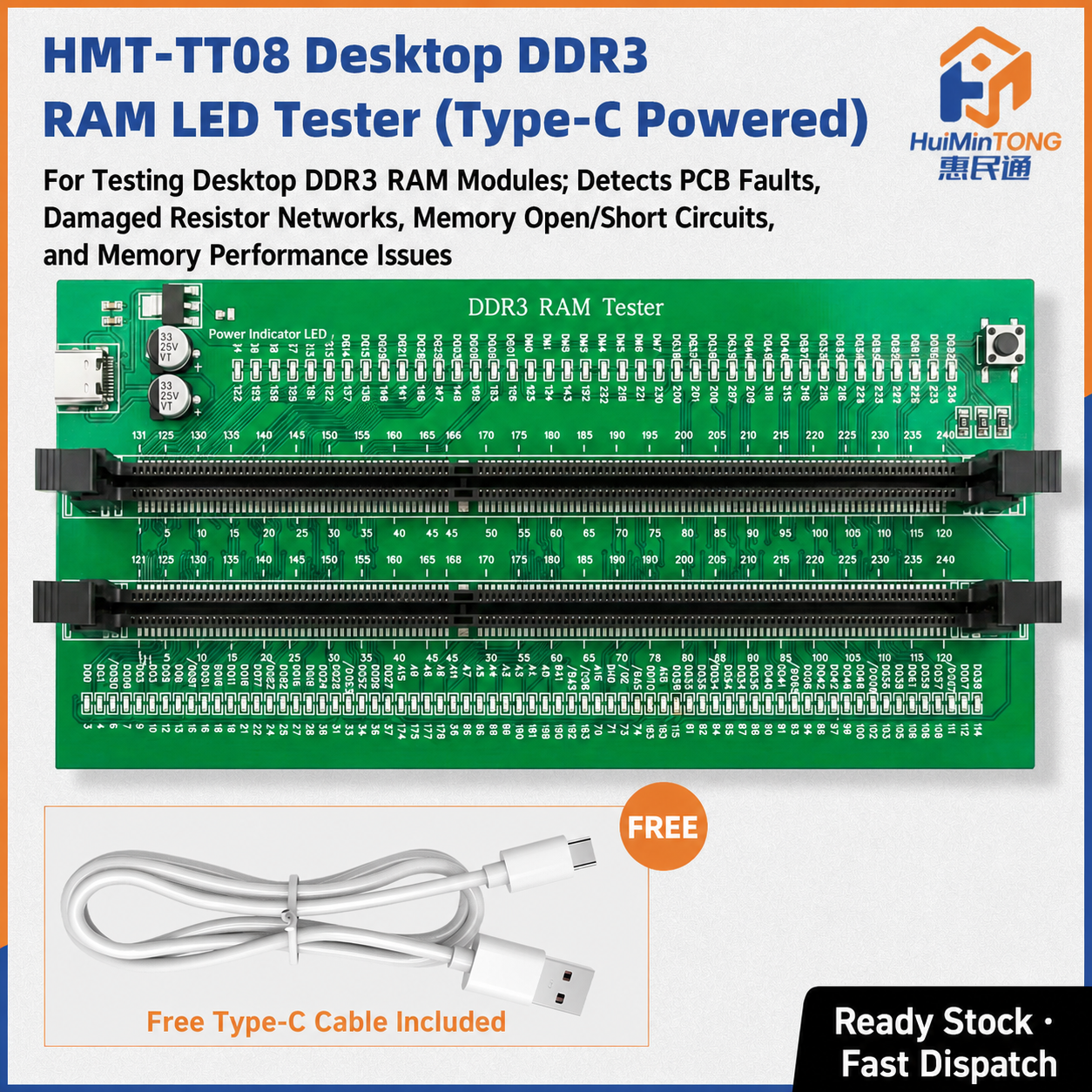 HMT-TT08 Desktop DDR3 Memory Module Tester with LED Indicators (Type-C Powered)