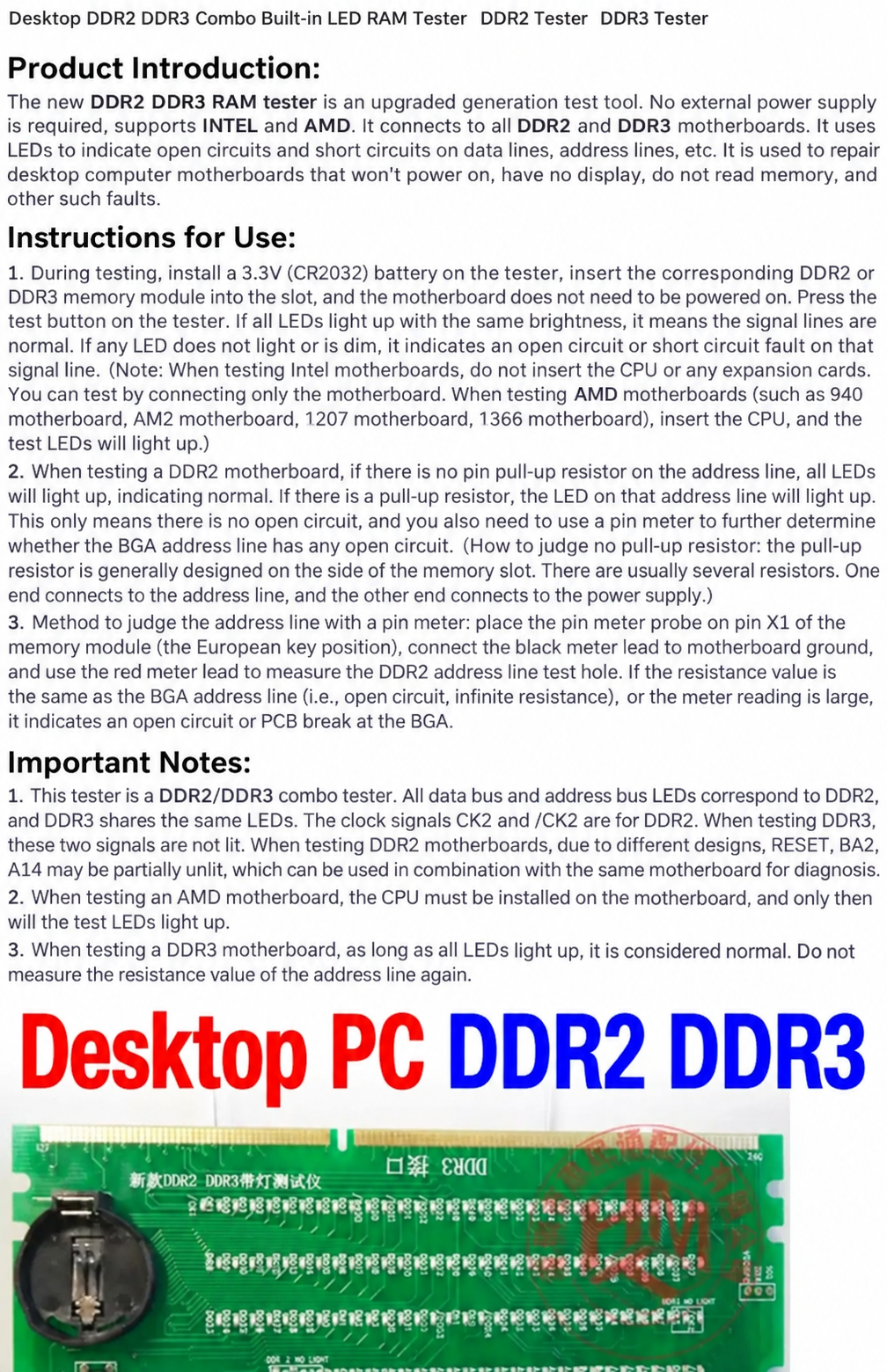 HMT-TC01 2-in-1 Desktop DDR2 & DDR3 RAM Tester with LED Indicator
