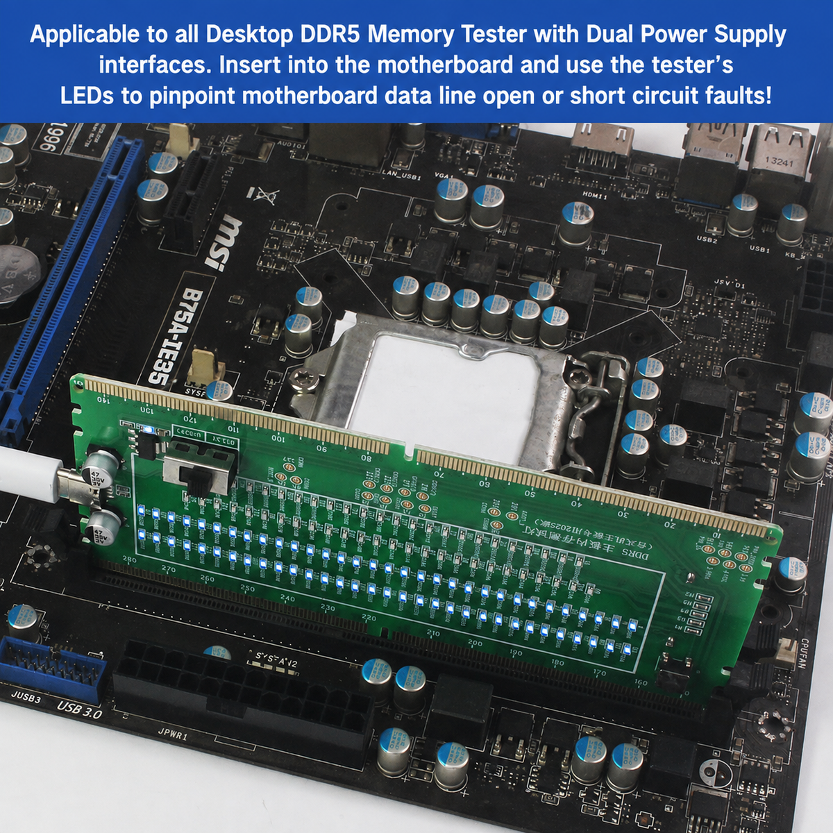 HMT-TC07 Desktop DDR5 Memory Tester with LED Indicators – Dual Power Supply (Standard Motherboard)