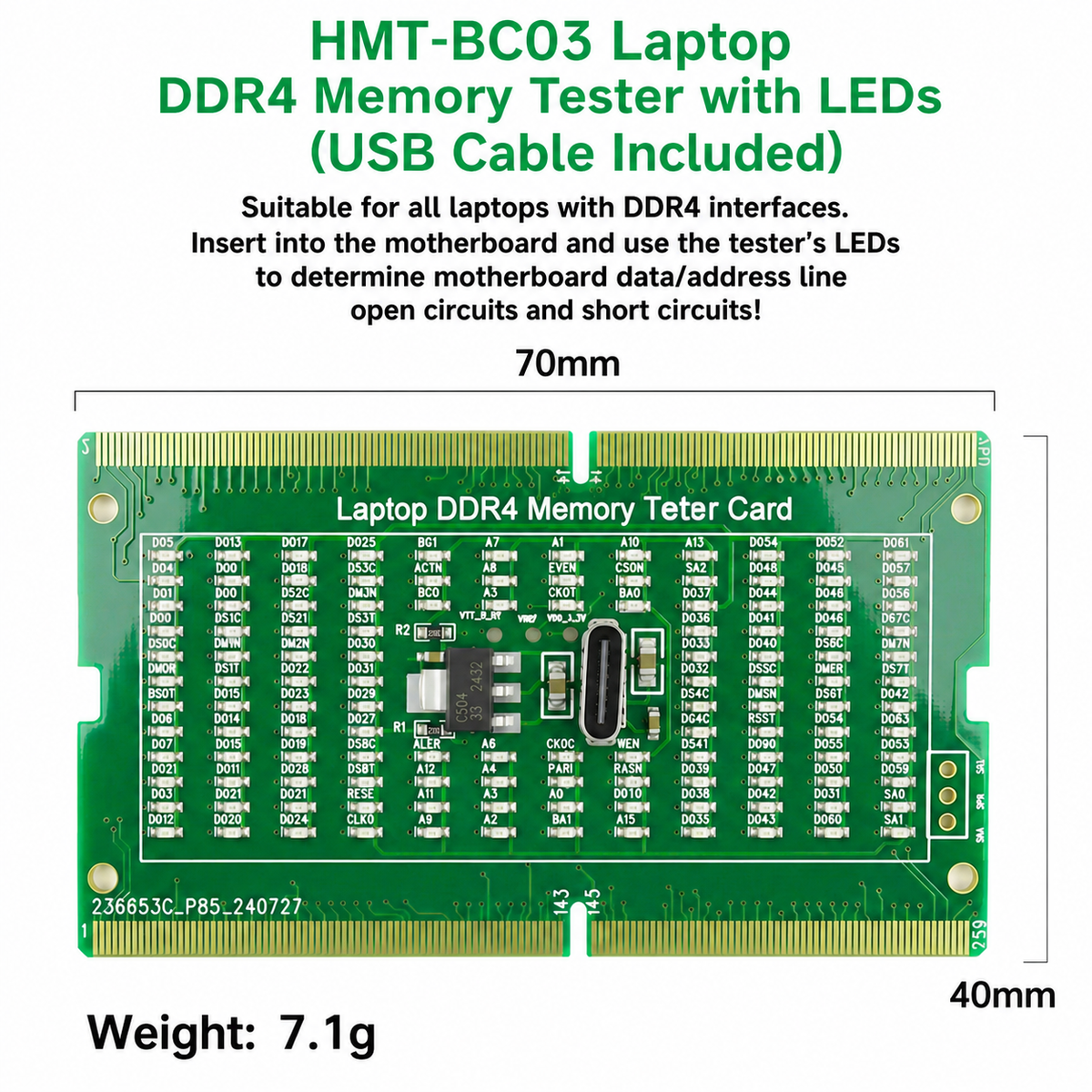 HMT-BC03 Laptop DDR4 Memory Tester with LED Indicators (USB Cable Included)