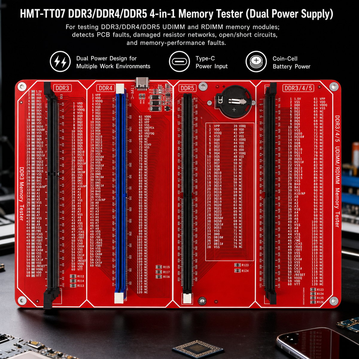 HMT-TT07 DDR3/DDR4/DDR5 4-in-1 Memory Module Tester (Dual Power Supply)