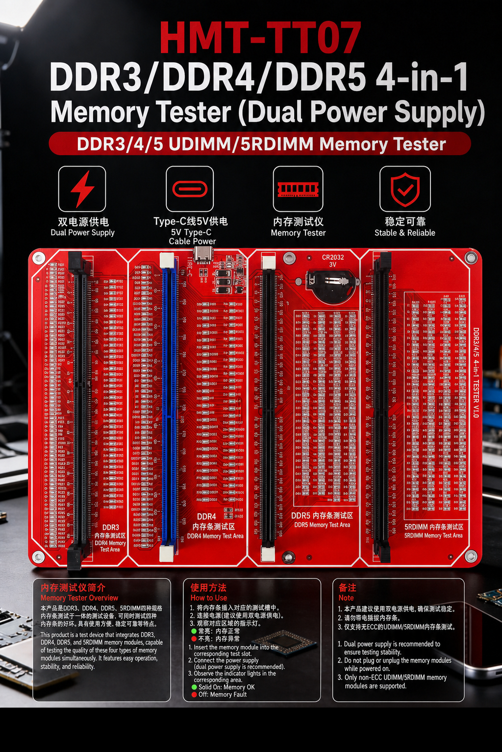 HMT-TT07 DDR3/DDR4/DDR5 4-in-1 Memory Module Tester (Dual Power Supply)