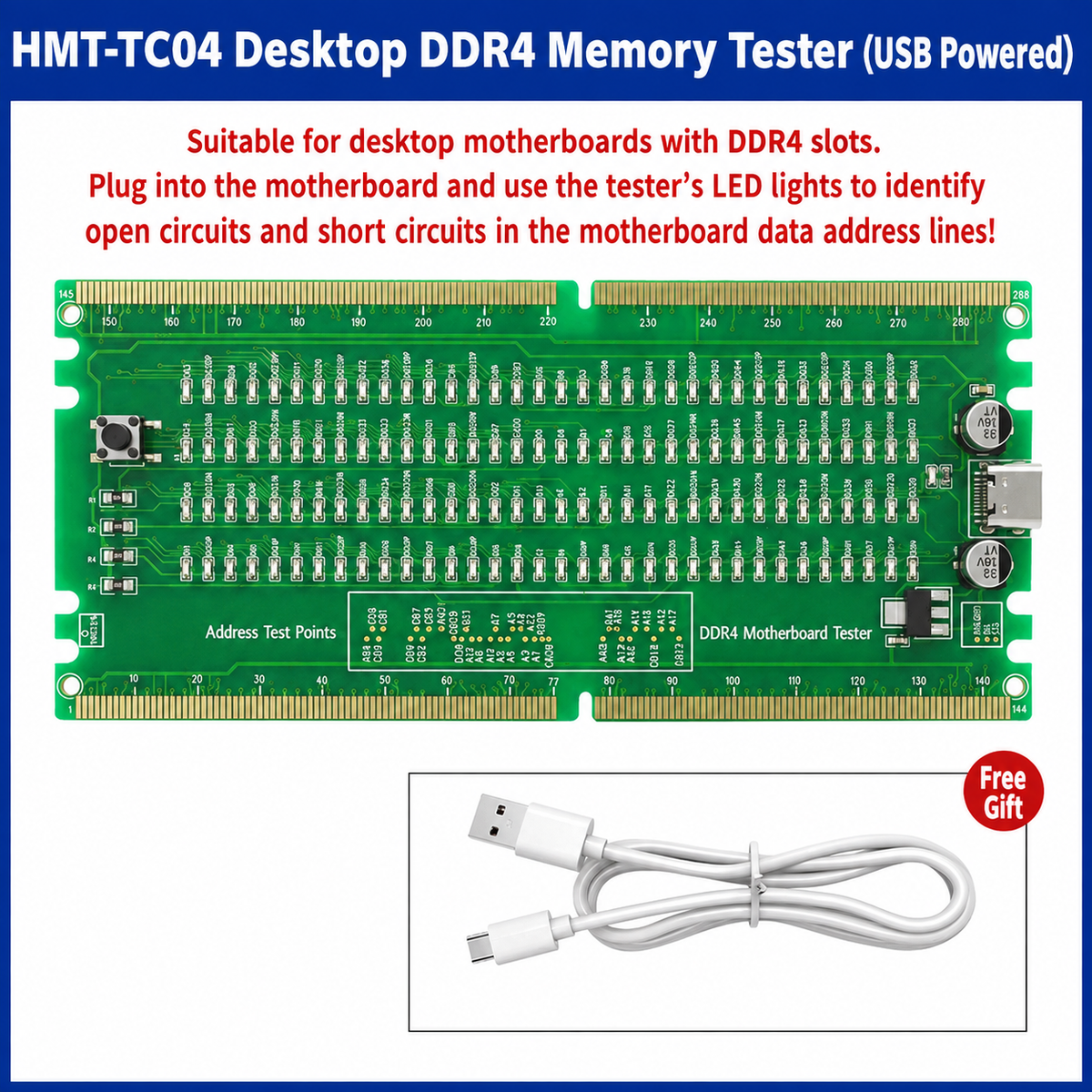 HMT-TC04 Desktop DDR4 Memory Tester with LED Indicators (USB Powered)