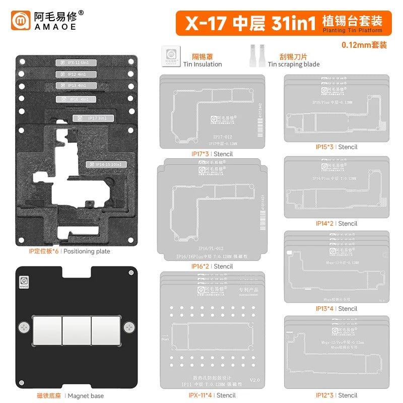 AMAOE iPhone X-17 31in1 iPhone Mid Layer Reballing Station Steel Stencil